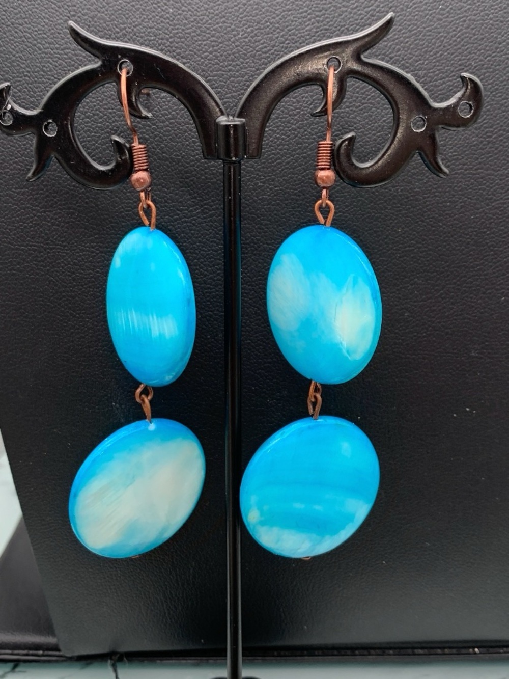 Sky Blue Double Drop dyed Shell Earrings with Copper Hooks - Women Jewelry